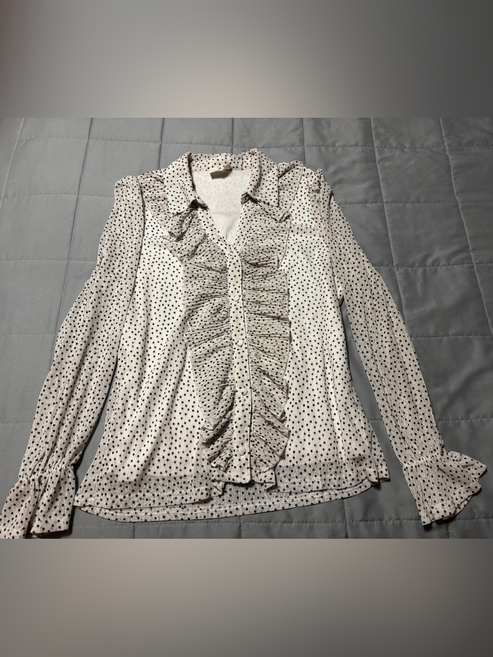 Elegant Ember Polka Dot Chiffon Blouse White Black Ruffle Button Down Collar XL